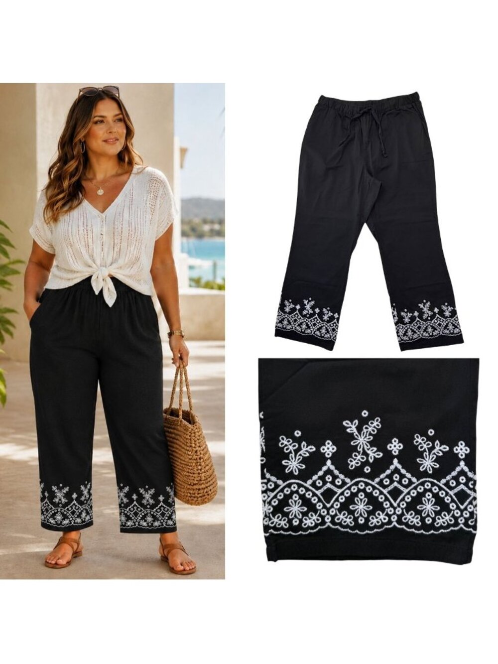 Woman Within Embroidered Hem Cotton Cropped Pants Drawstring Resort Boho 18W